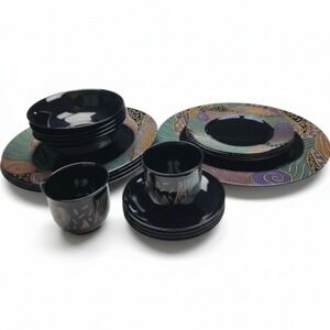 Vintage Arcoroc France Tampico Pattern Black Glass Dinnerware 19-Piece Set